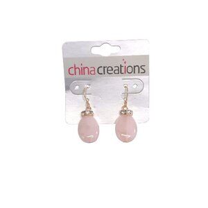 China Creation Chaps Rose Quartz Gemstone Drop Earrings with small Crystals